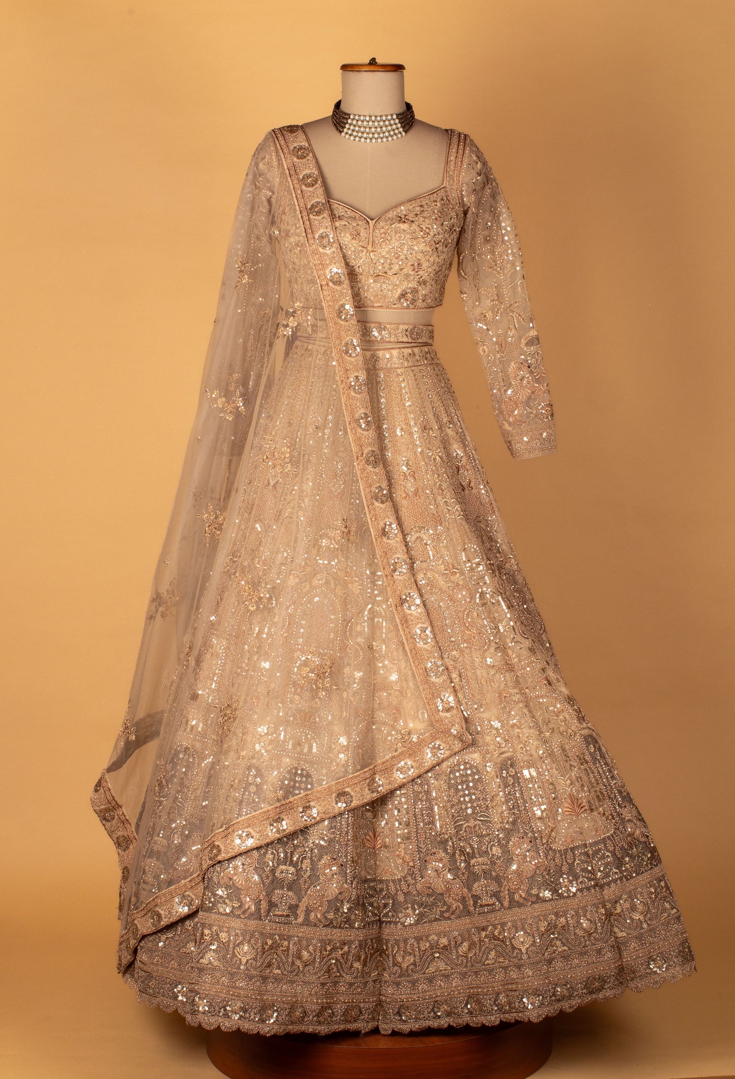 Luxury Champagne Gold Bridal Lehenga Set | Hand Embroidered with Sequins, Pearls & Zari Work | Crop Top, Flared Lehenga & Dupatta