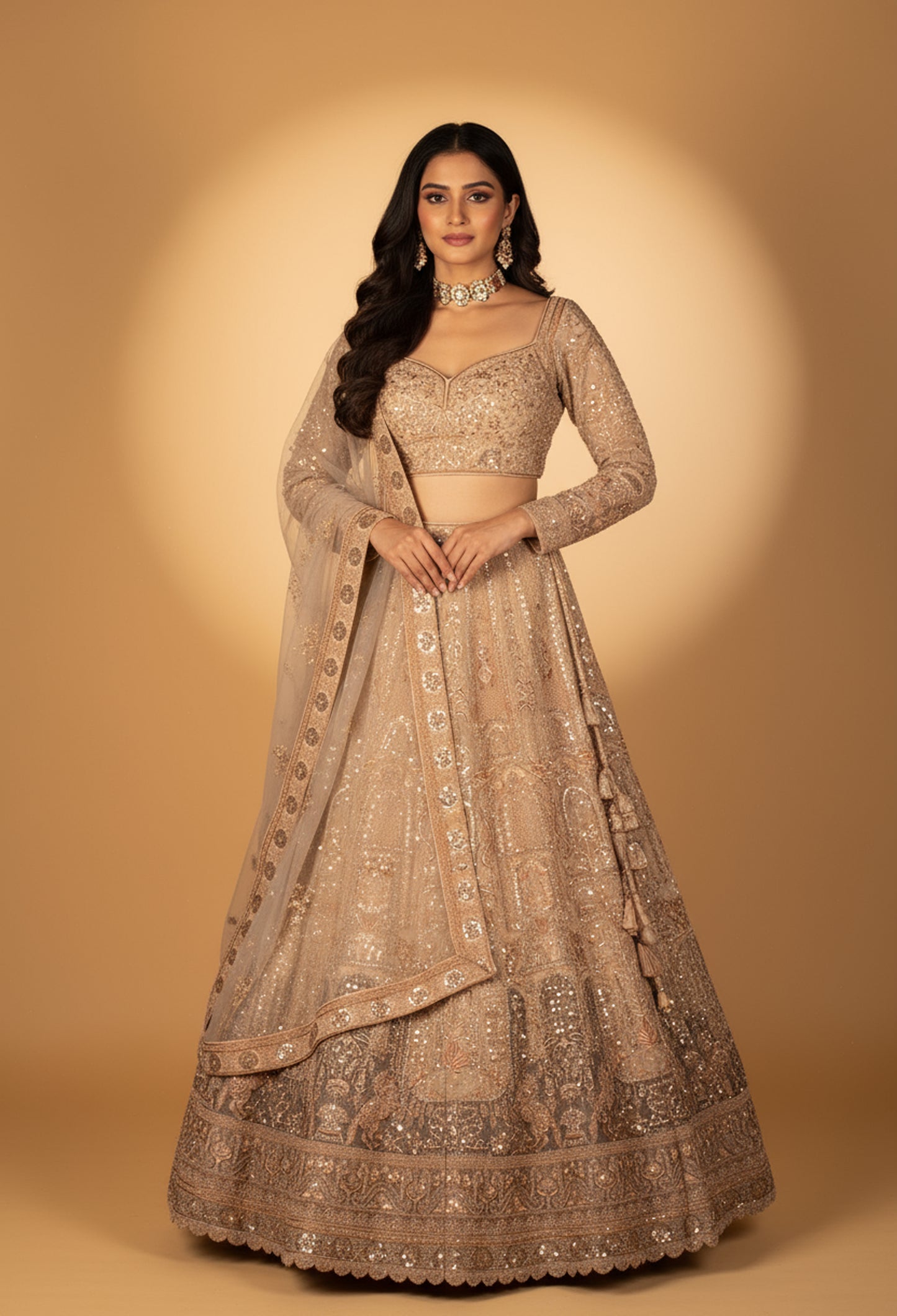 Luxury Champagne Gold Bridal Lehenga Set | Hand Embroidered with Sequins, Pearls & Zari Work | Crop Top, Flared Lehenga & Dupatta