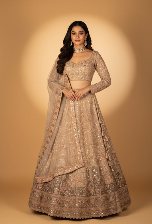 Luxury Champagne Gold Bridal Lehenga Set | Hand Embroidered with Sequins, Pearls & Zari Work | Crop Top, Flared Lehenga & Dupatta