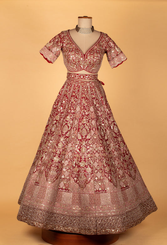 Bridal red heavy embroidered lehenga with V-neck crop top and dupatta – product image 2
