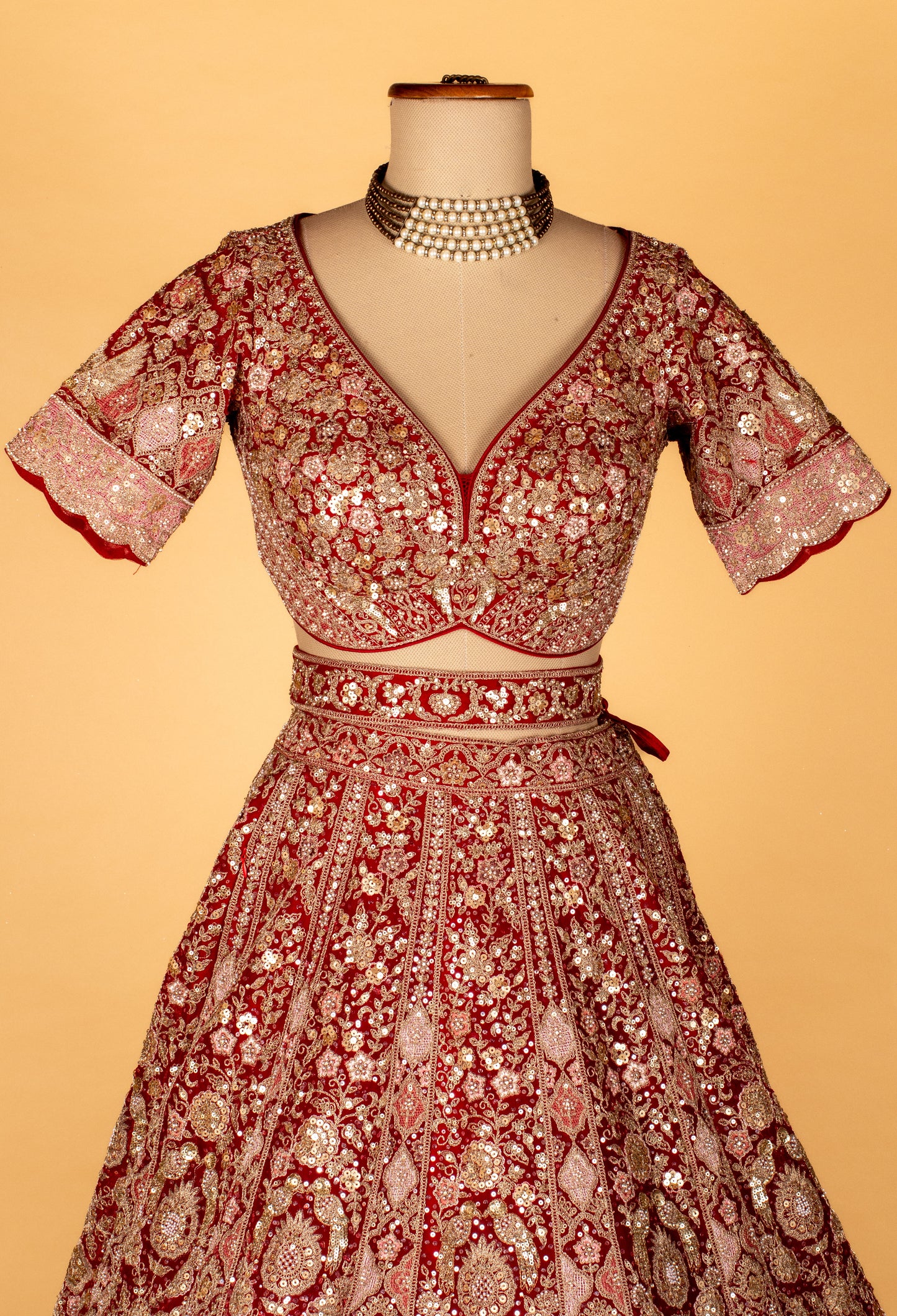 Bridal Red Heavy Embroidered Lehenga Set | Sequin, Zari & Mirror Work | Crop Top, Flared Lehenga & Dupatta