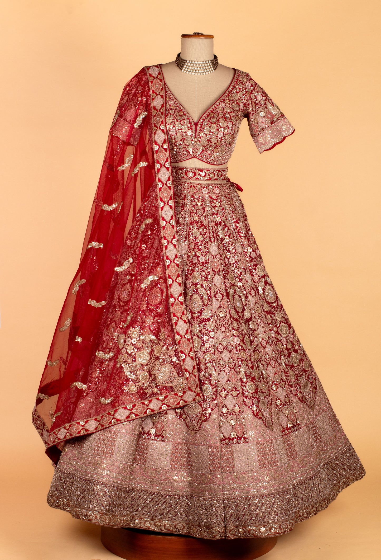 Bridal Red Heavy Embroidered Lehenga Set | Sequin, Zari & Mirror Work | Crop Top, Flared Lehenga & Dupatta