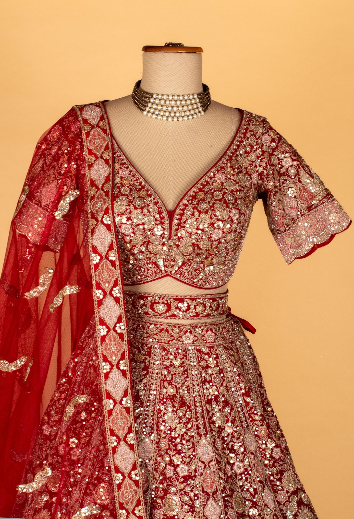 Bridal Red Heavy Embroidered Lehenga Set | Sequin, Zari & Mirror Work | Crop Top, Flared Lehenga & Dupatta