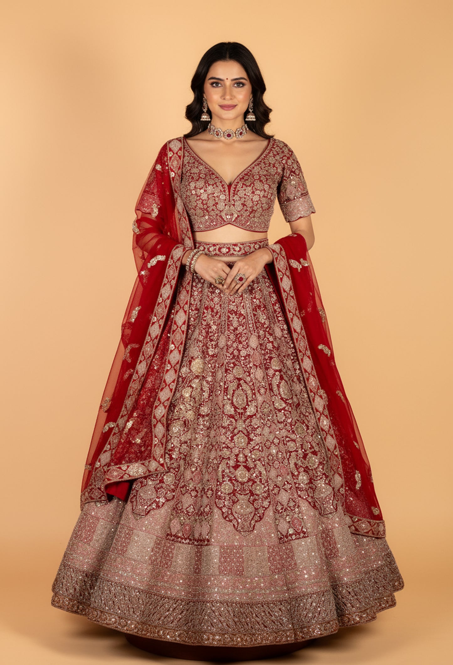 Bridal Red Heavy Embroidered Lehenga Set | Sequin, Zari & Mirror Work | Crop Top, Flared Lehenga & Dupatta