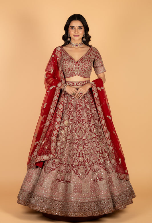 Bridal Red Heavy Embroidered Lehenga Set | Sequin, Zari & Mirror Work | Crop Top, Flared Lehenga & Dupatta
