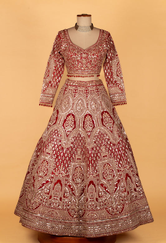 Deep red heavy hand-embroidered bridal lehenga set – product image 2