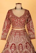 Bridal Heavy Hand-Embroidered Lehenga Set – Deep Red | Mirror, Sequins & Zari Work with Crop Top & Dupatta
