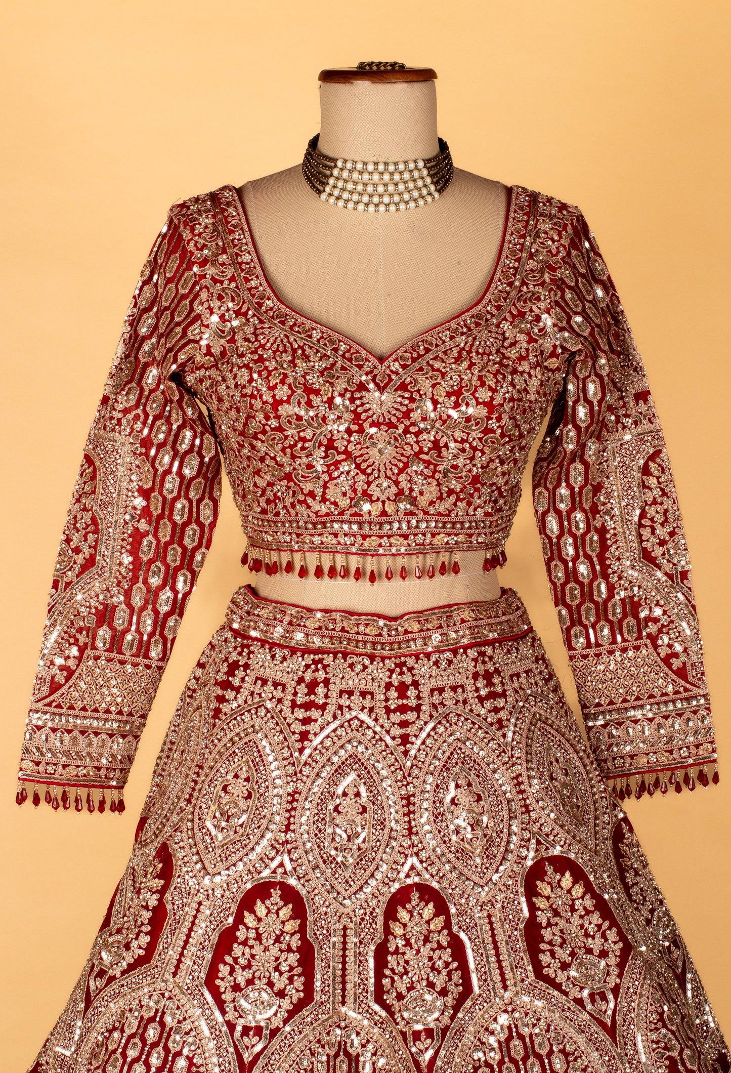 Bridal Heavy Hand-Embroidered Lehenga Set – Deep Red | Mirror, Sequins & Zari Work with Crop Top & Dupatta