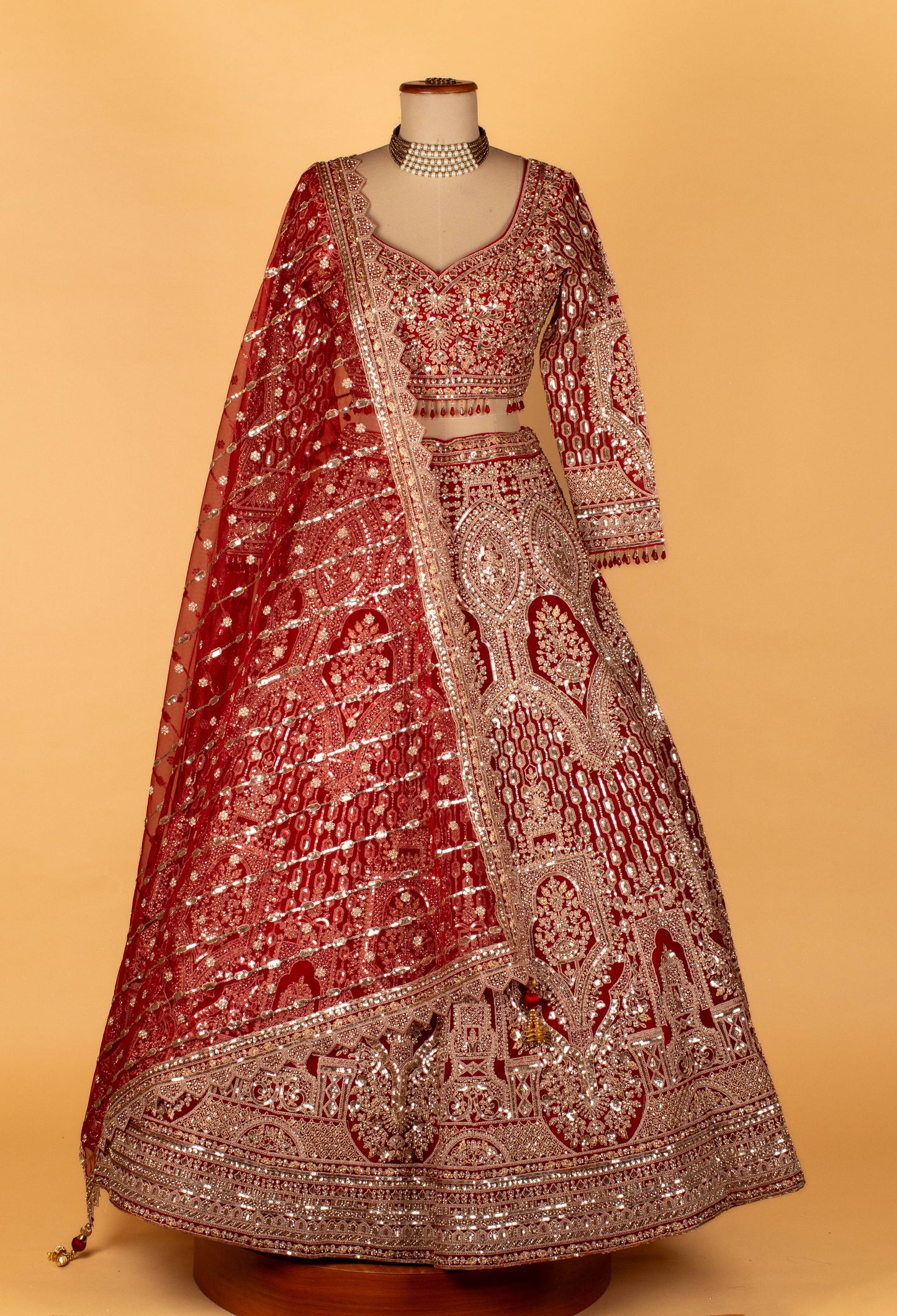 Bridal Heavy Hand-Embroidered Lehenga Set – Deep Red | Mirror, Sequins & Zari Work with Crop Top & Dupatta