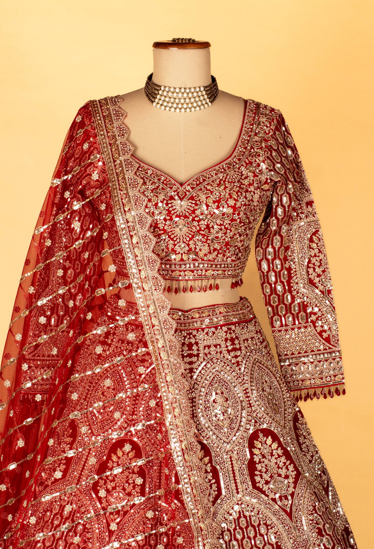 Bridal Heavy Hand-Embroidered Lehenga Set – Deep Red | Mirror, Sequins & Zari Work with Crop Top & Dupatta