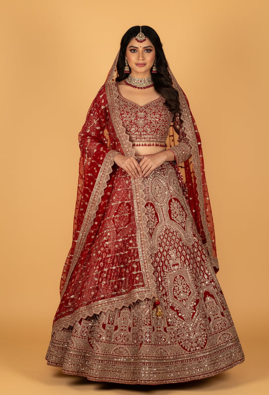 Bridal Heavy Hand-Embroidered Lehenga Set – Deep Red | Mirror, Sequins & Zari Work with Crop Top & Dupatta