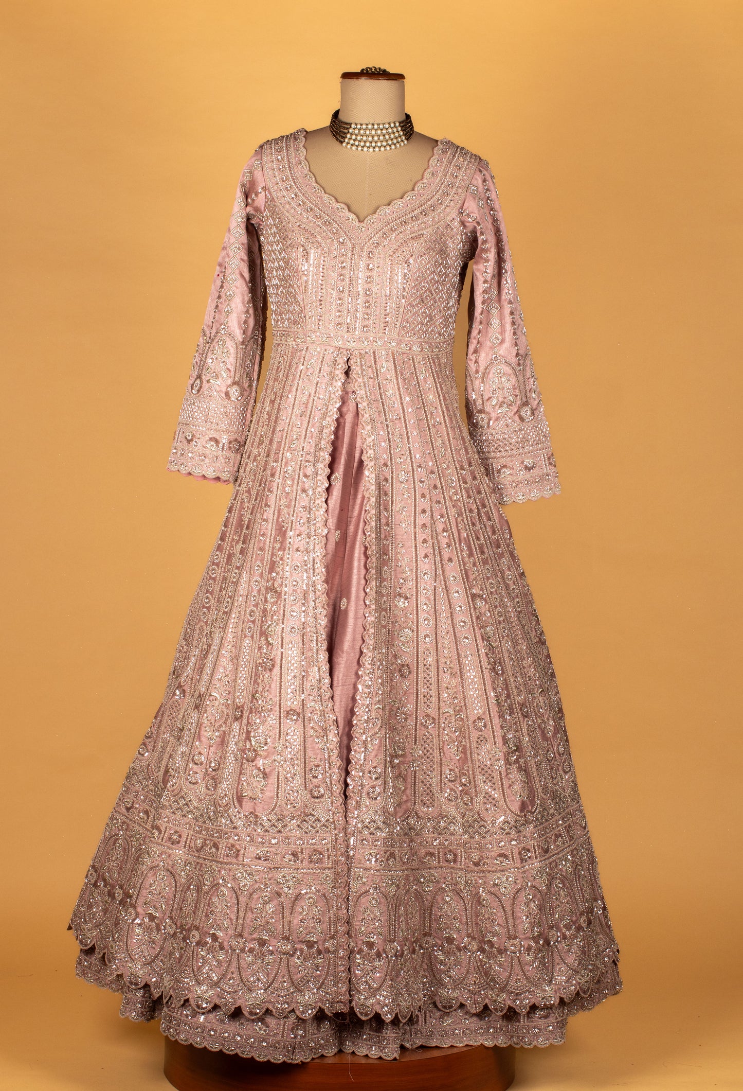 Premium Hand-Embroidered Anarkali Gown – Powder Pink | Sequins, Beads & Zari Work with Dupatta