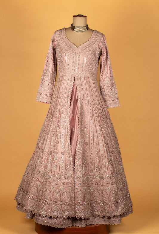 Powder pink hand-embroidered Anarkali gown with dupatta – product image 2