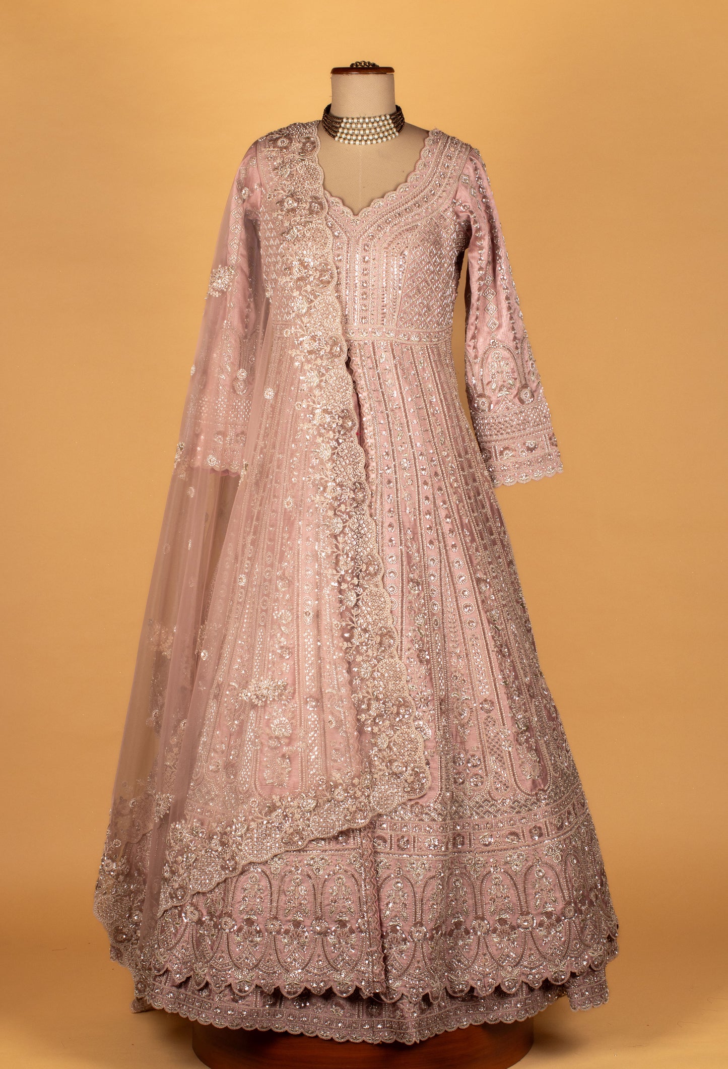 Premium Hand-Embroidered Anarkali Gown – Powder Pink | Sequins, Beads & Zari Work with Dupatta