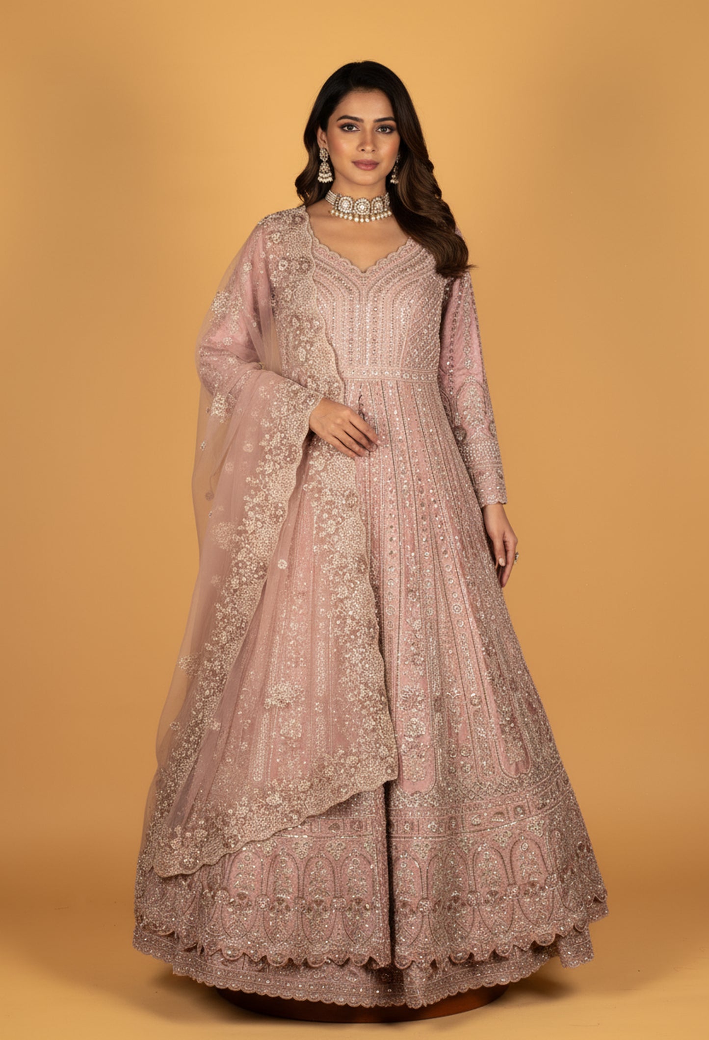 Premium Hand-Embroidered Anarkali Gown – Powder Pink | Sequins, Beads & Zari Work with Dupatta