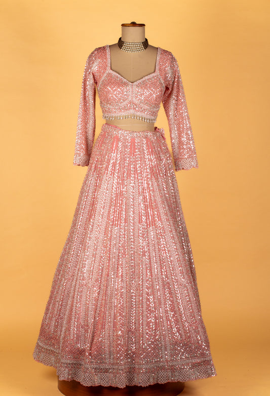 Blush pink sequin embellished lehenga set with crop top and dupatta – product image 2