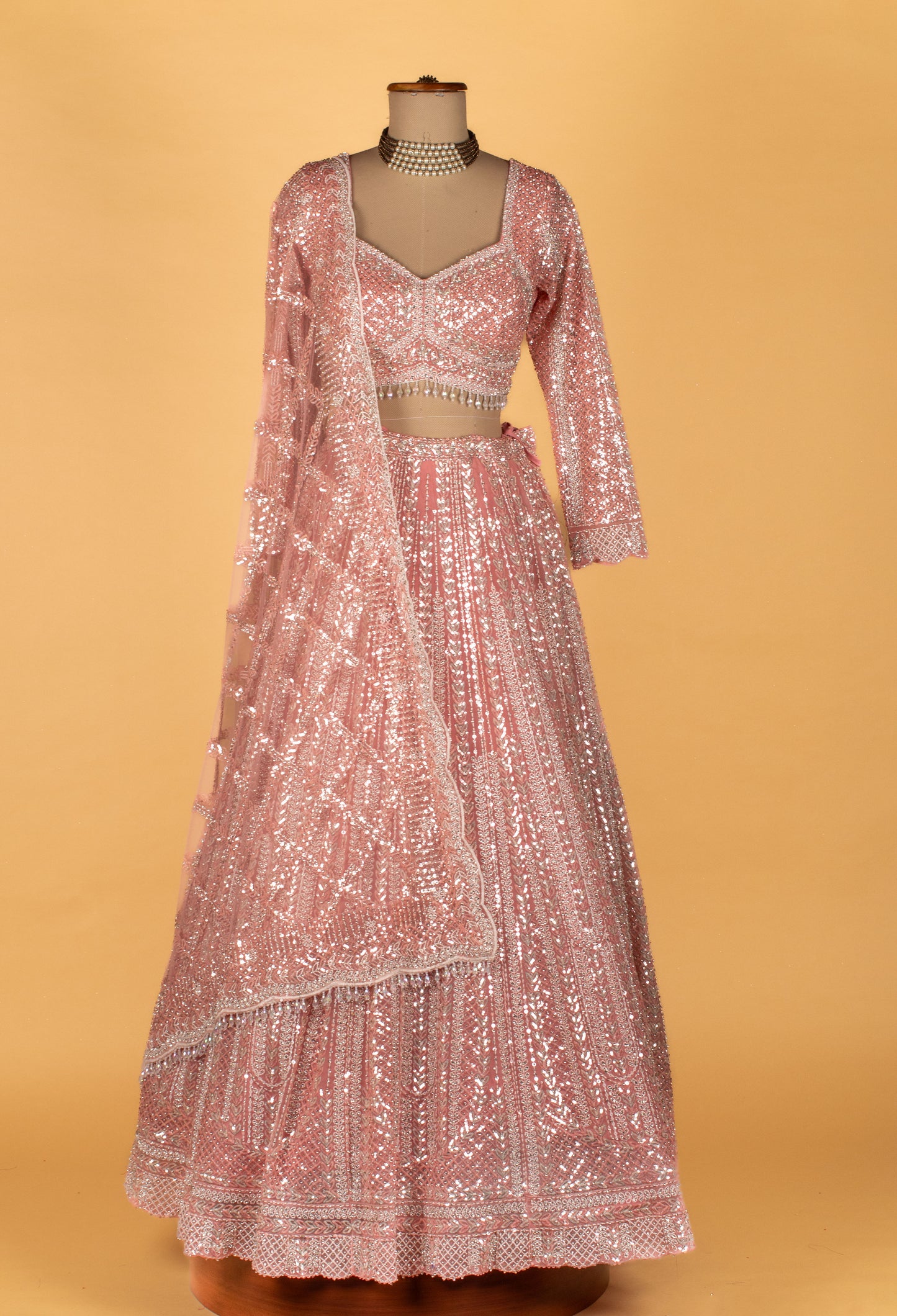 Designer Sequin Embellished Lehenga Set – Blush Pink | Crop Top, Flared Skirt & Dupatta