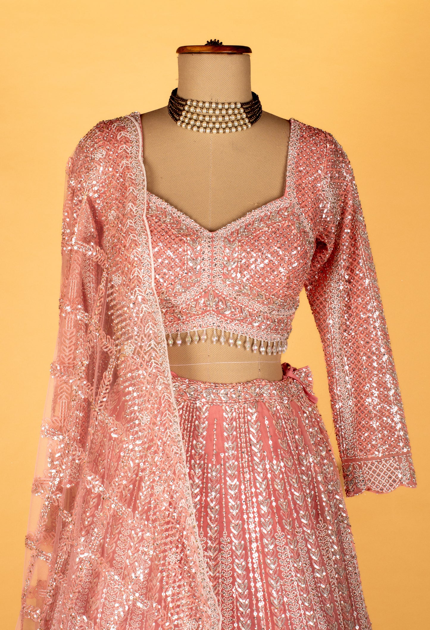 Designer Sequin Embellished Lehenga Set – Blush Pink | Crop Top, Flared Skirt & Dupatta