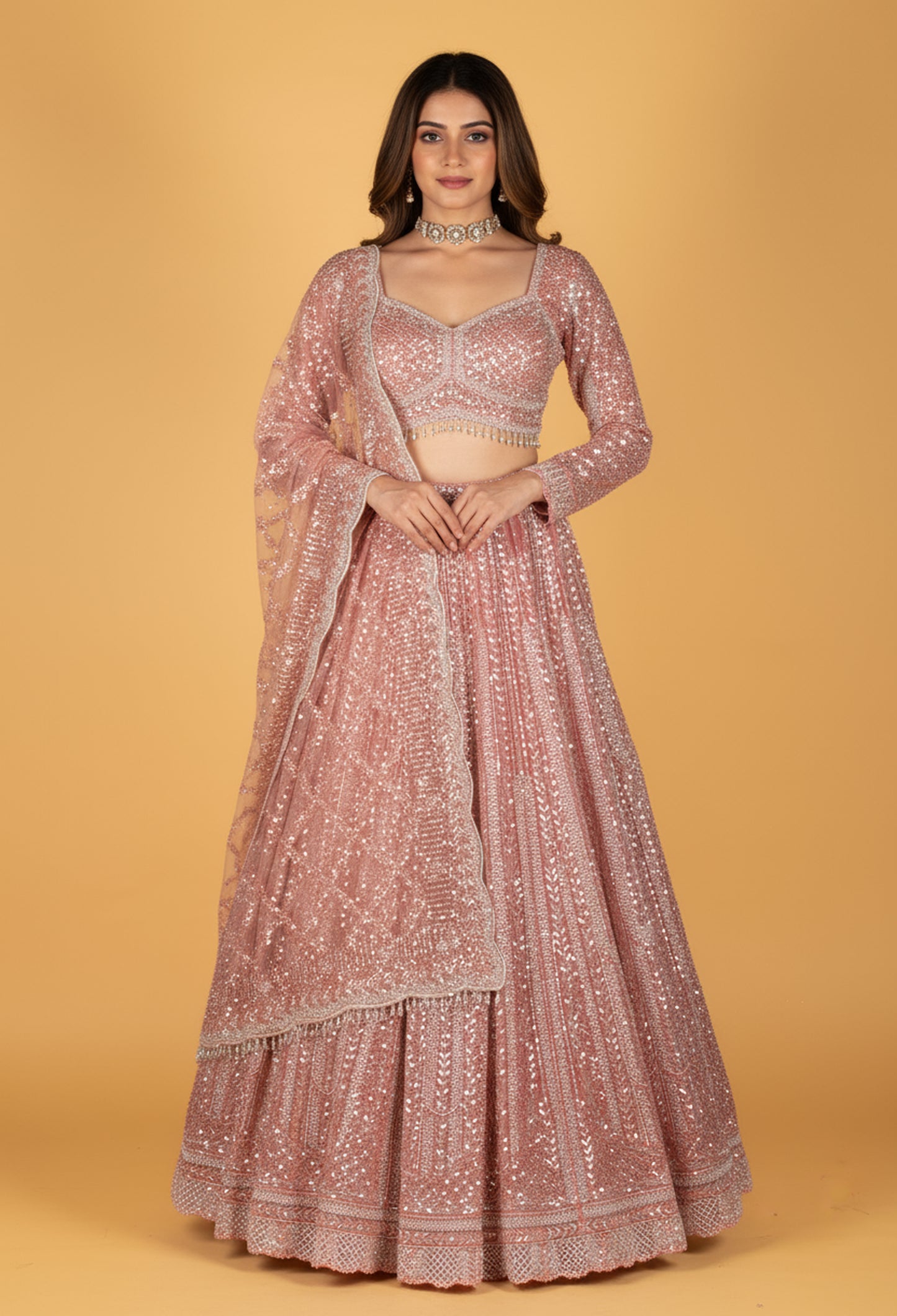 Designer Sequin Embellished Lehenga Set – Blush Pink | Crop Top, Flared Skirt & Dupatta