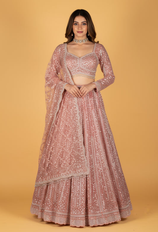 Designer Sequin Embellished Lehenga Set – Blush Pink | Crop Top, Flared Skirt & Dupatta