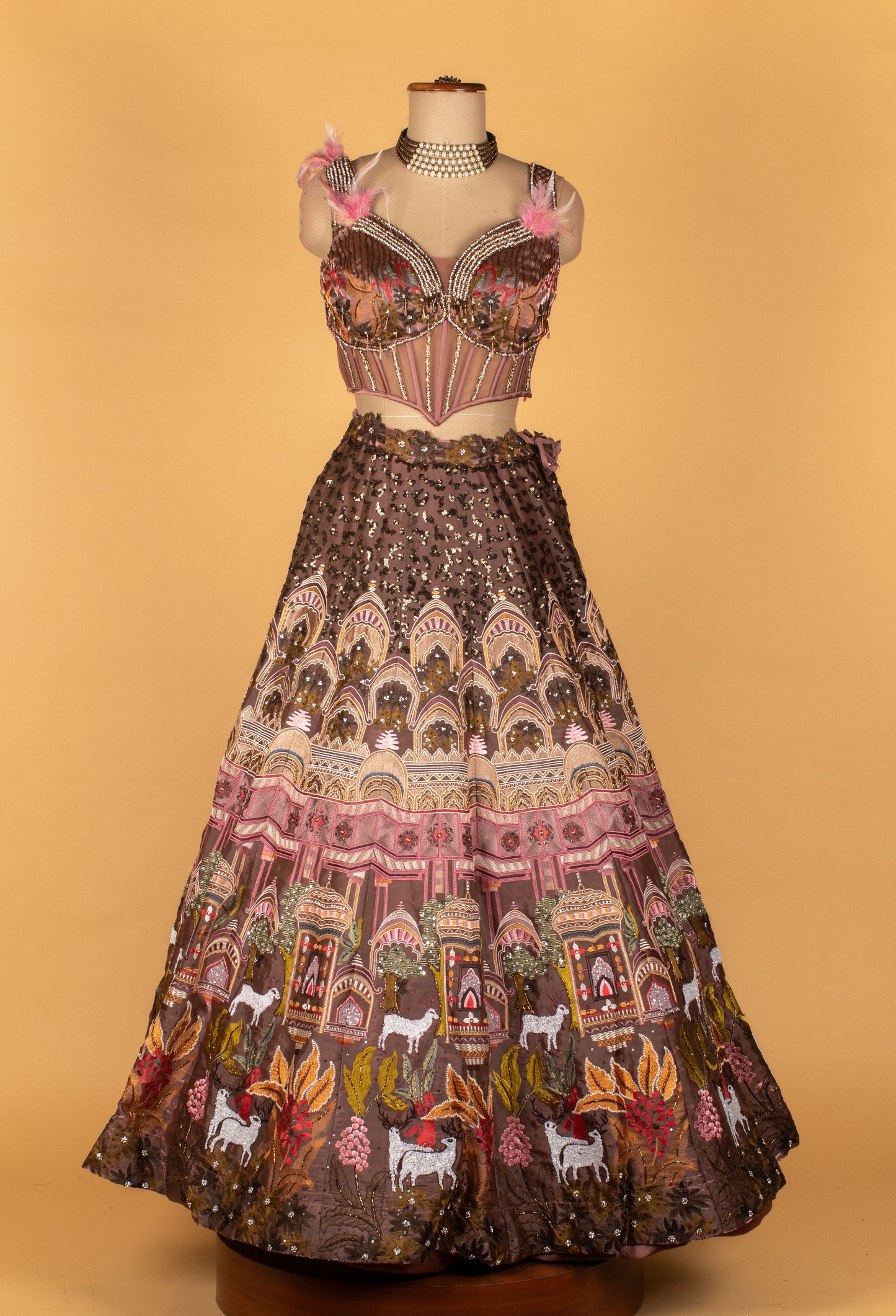 Designer Printed & Hand-Embroidered Lehenga Set – Metallic Mauve | Crop Top with Ruffle Cape Jacket