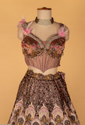 Designer Printed & Hand-Embroidered Lehenga Set – Metallic Mauve | Crop Top with Ruffle Cape Jacket