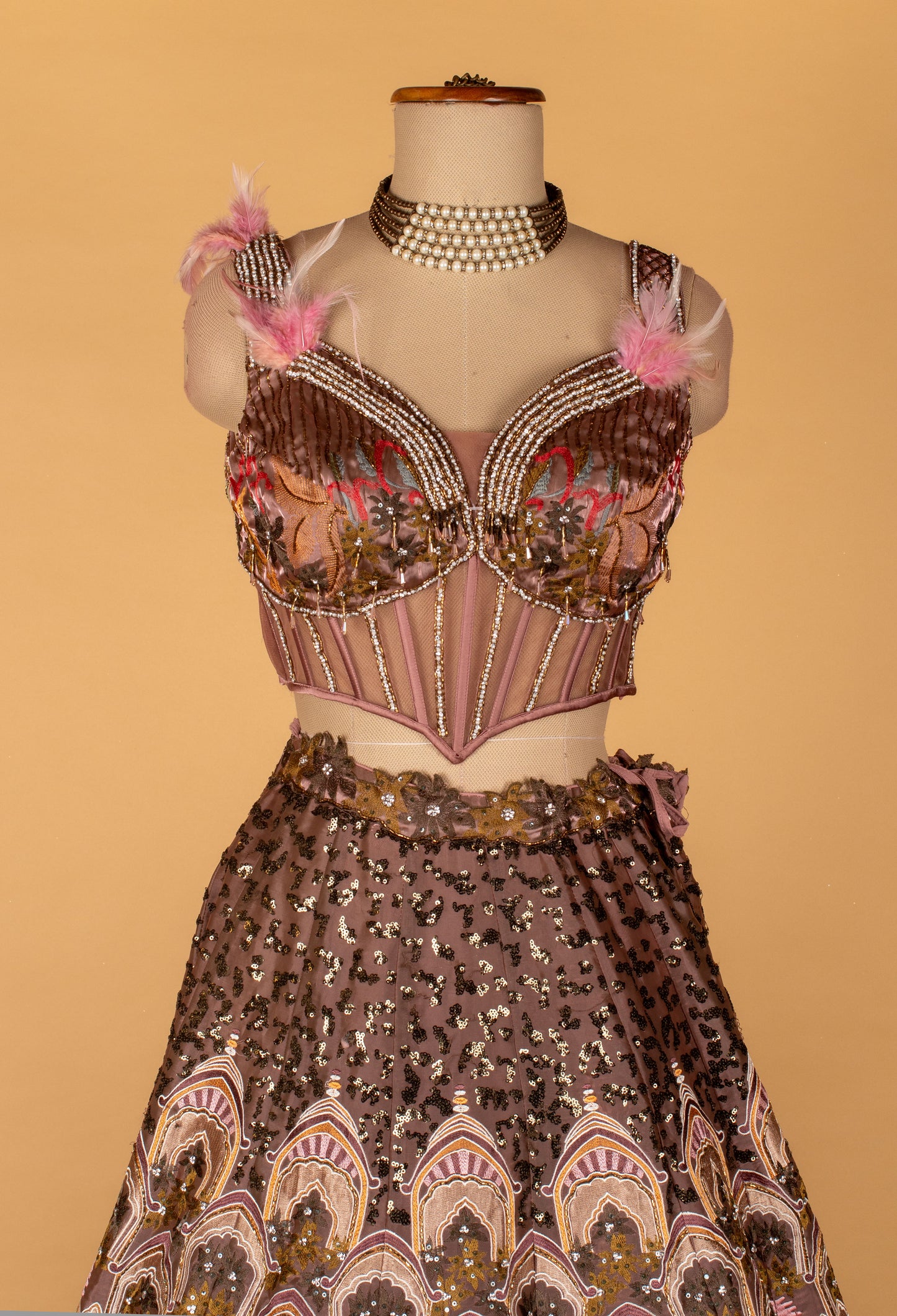 Designer Printed & Hand-Embroidered Lehenga Set – Metallic Mauve | Crop Top with Ruffle Cape Jacket