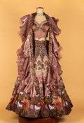 Designer Printed & Hand-Embroidered Lehenga Set – Metallic Mauve | Crop Top with Ruffle Cape Jacket