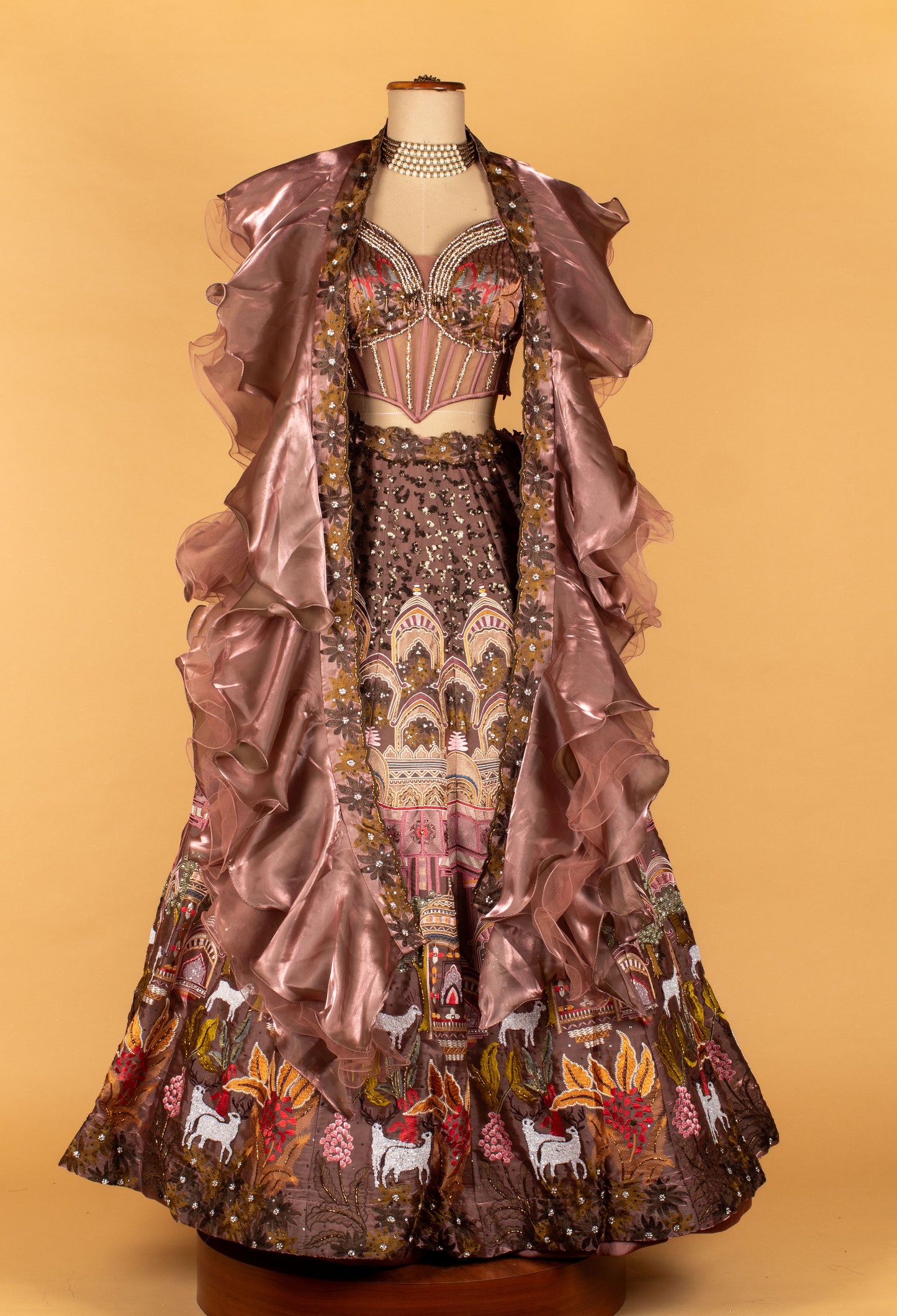 Designer Printed & Hand-Embroidered Lehenga Set – Metallic Mauve | Crop Top with Ruffle Cape Jacket