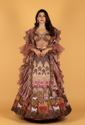 Designer Printed & Hand-Embroidered Lehenga Set – Metallic Mauve | Crop Top with Ruffle Cape Jacket