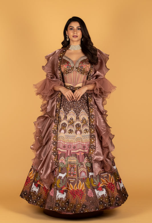 Designer Printed & Hand-Embroidered Lehenga Set – Metallic Mauve | Crop Top with Ruffle Cape Jacket