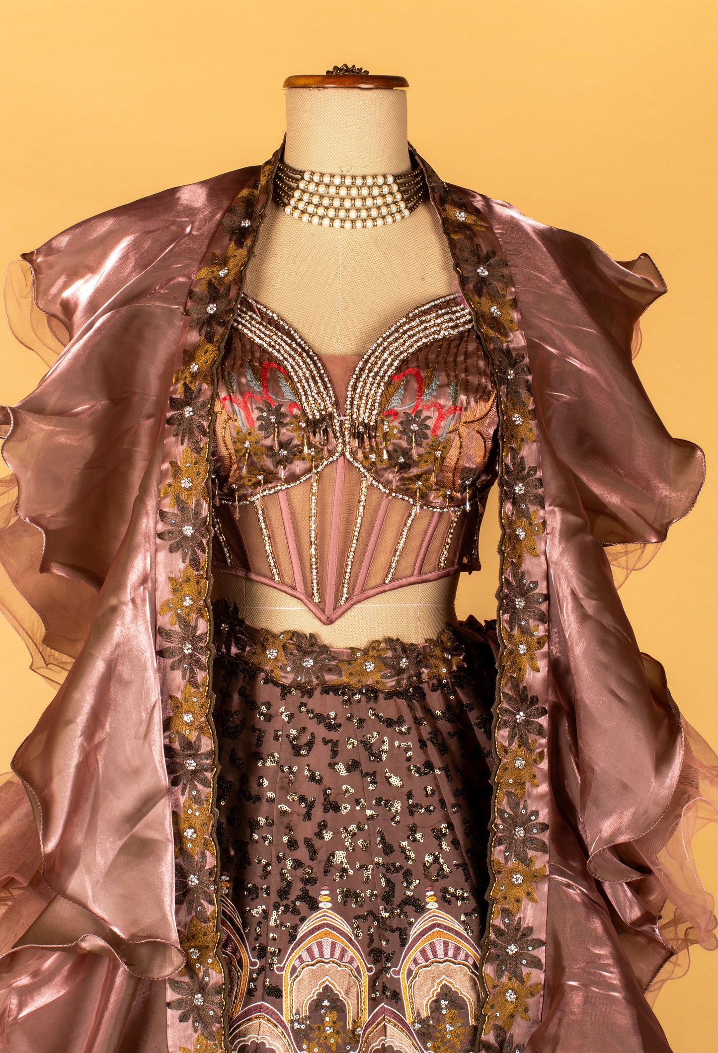 Designer Printed & Hand-Embroidered Lehenga Set – Metallic Mauve | Crop Top with Ruffle Cape Jacket