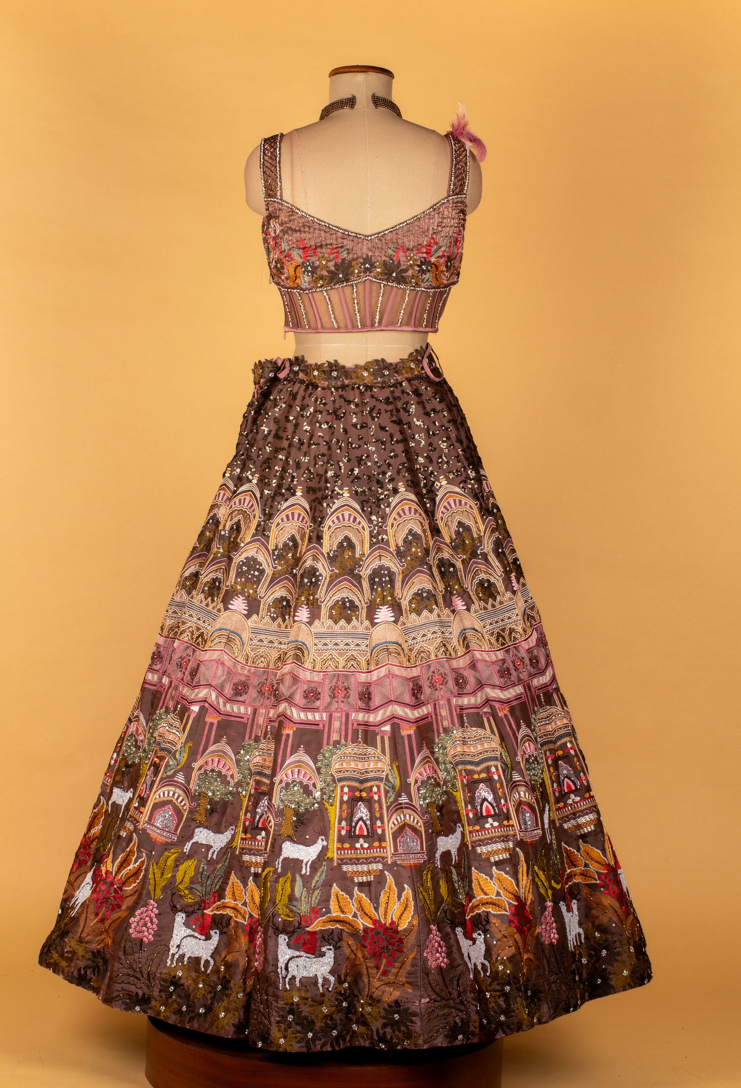 Designer Printed & Hand-Embroidered Lehenga Set – Metallic Mauve | Crop Top with Ruffle Cape Jacket