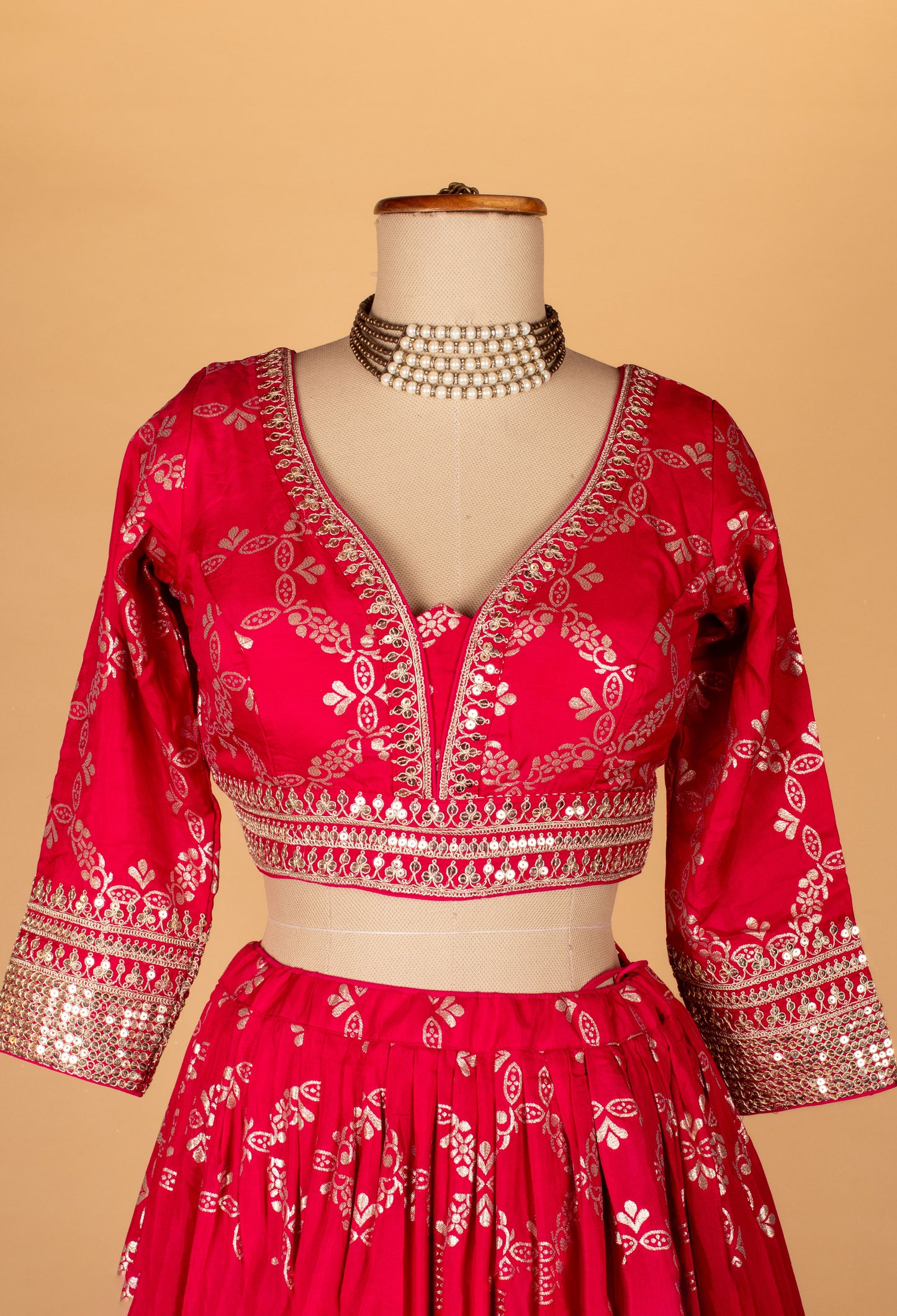 Traditional Mirror & Thread Embroidered Lehenga Set – Rani Pink | Crop Top, Flared Skirt & Dupatta