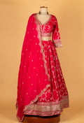 Traditional Mirror & Thread Embroidered Lehenga Set – Rani Pink | Crop Top, Flared Skirt & Dupatta