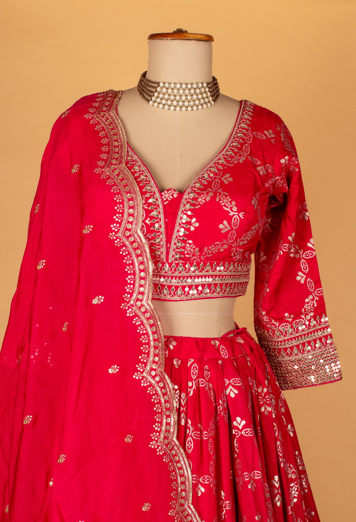 Traditional Mirror & Thread Embroidered Lehenga Set – Rani Pink | Crop Top, Flared Skirt & Dupatta