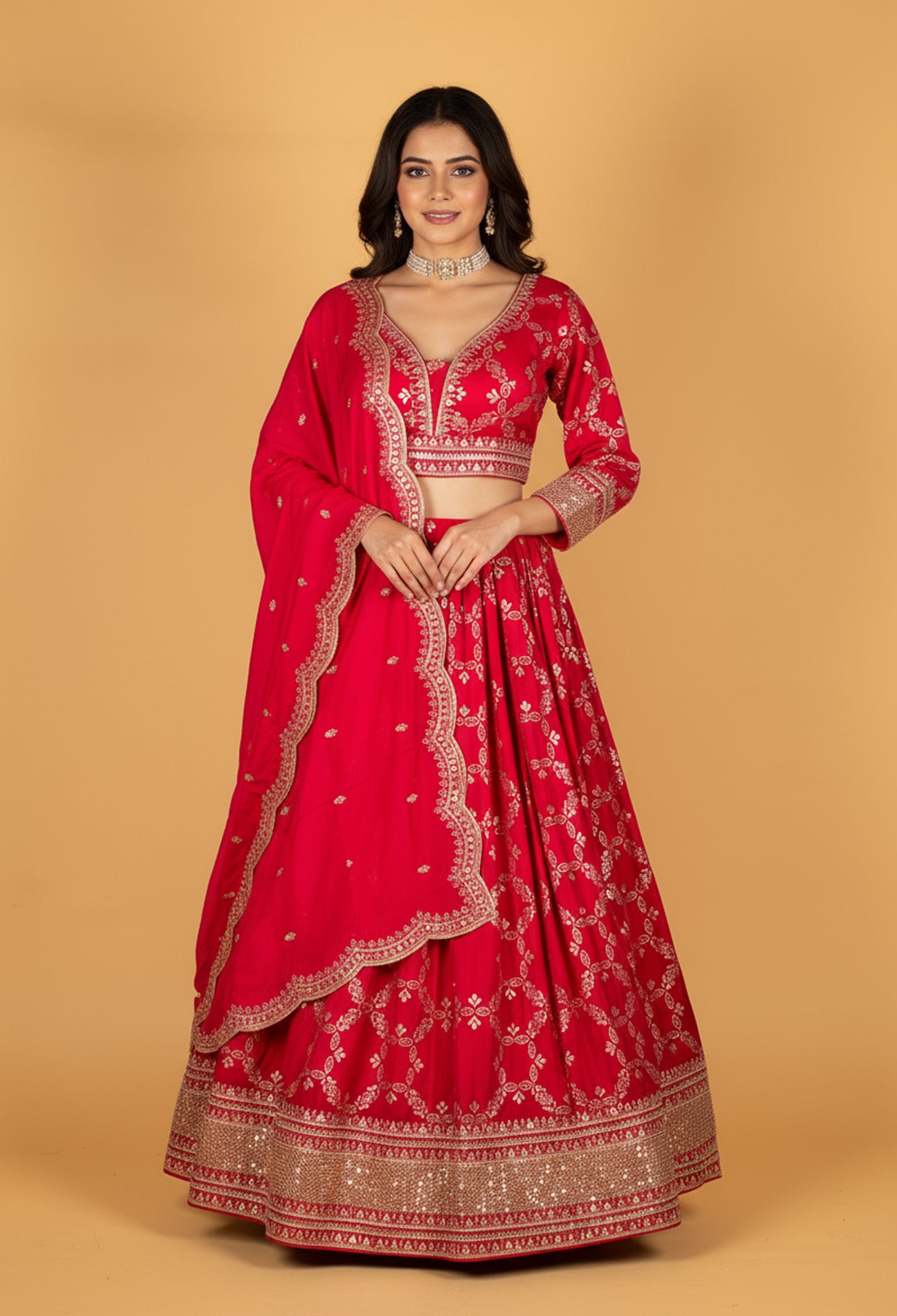 Traditional Mirror & Thread Embroidered Lehenga Set – Rani Pink | Crop Top, Flared Skirt & Dupatta