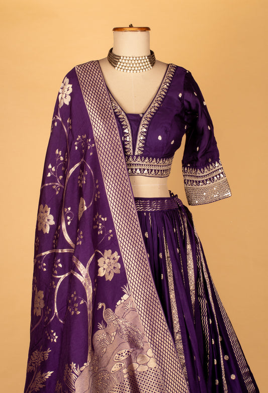 Royal purple Banarasi silk lehenga with gold zari motifs – product image 2