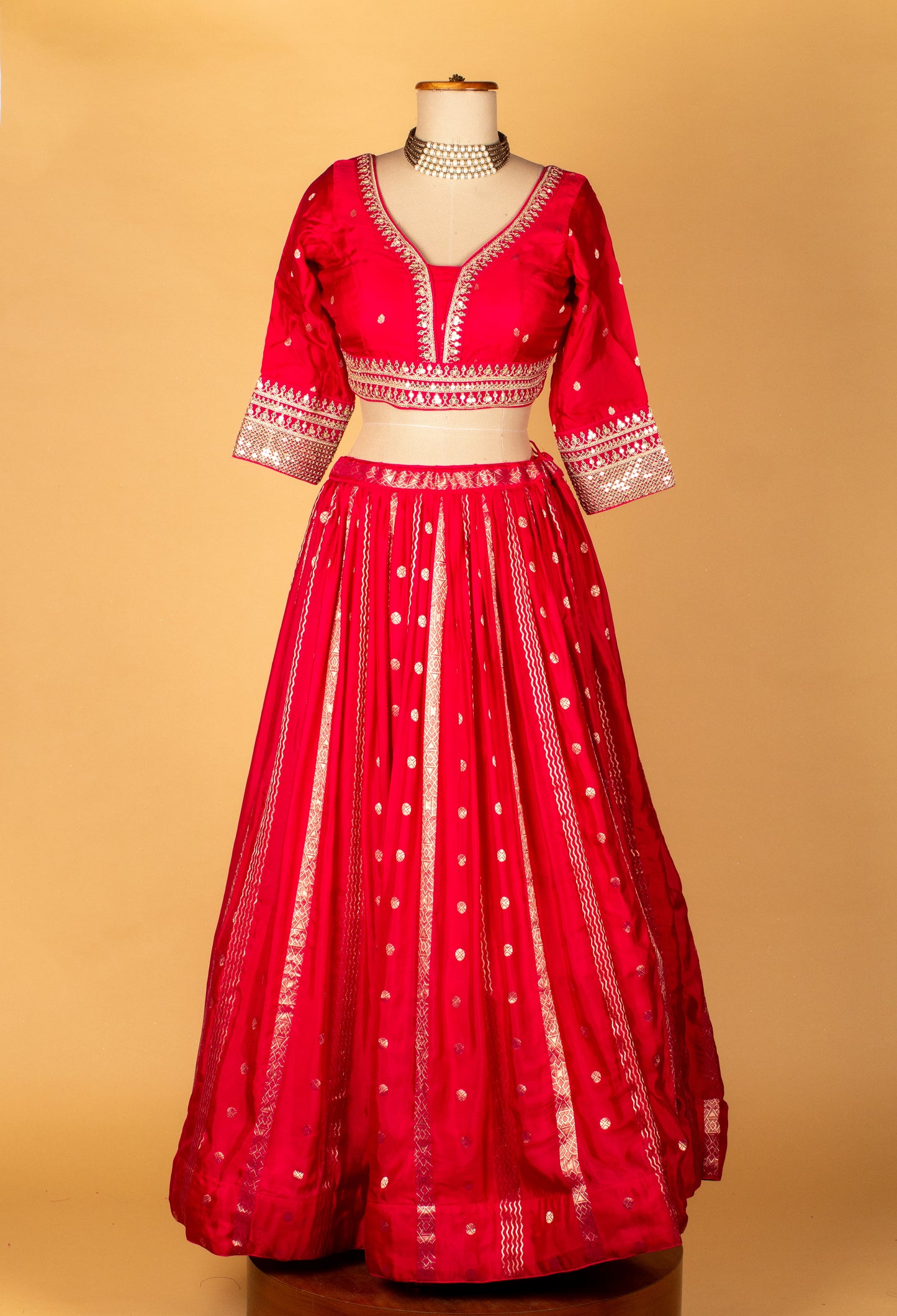 Banarasi Silk Lehenga Set – Red | Zari Woven Lehenga with Crop Top & Dupatta