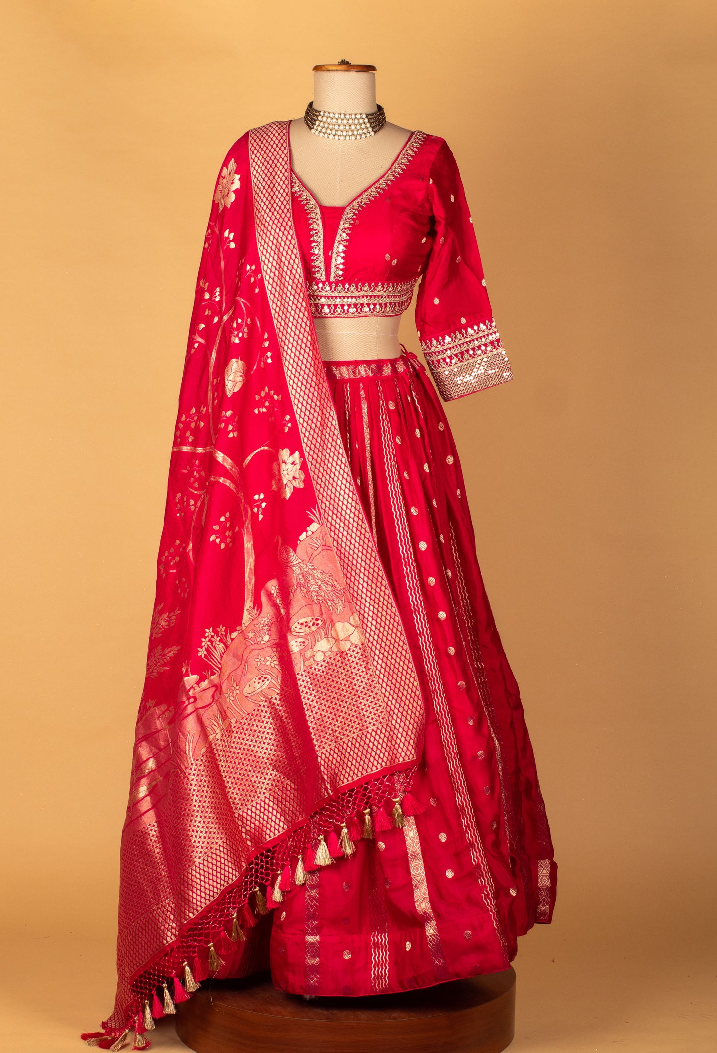 Banarasi Silk Lehenga Set – Red | Zari Woven Lehenga with Crop Top & Dupatta