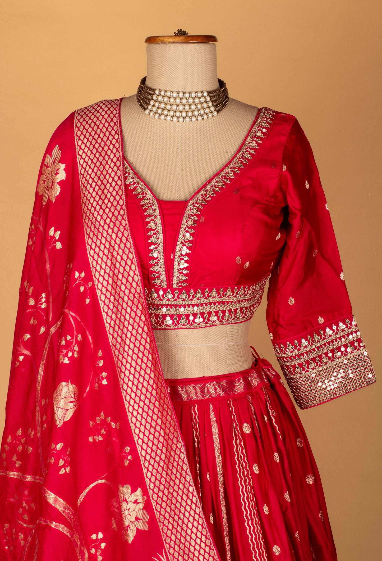 Banarasi Silk Lehenga Set – Red | Zari Woven Lehenga with Crop Top & Dupatta