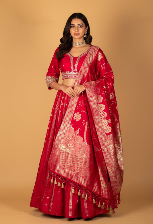 Banarasi Silk Lehenga Set – Red | Zari Woven Lehenga with Crop Top & Dupatta