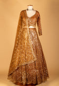 Gold Metallic Sequin Lehenga Set with Embellished Crop Top & Structured Dupatta