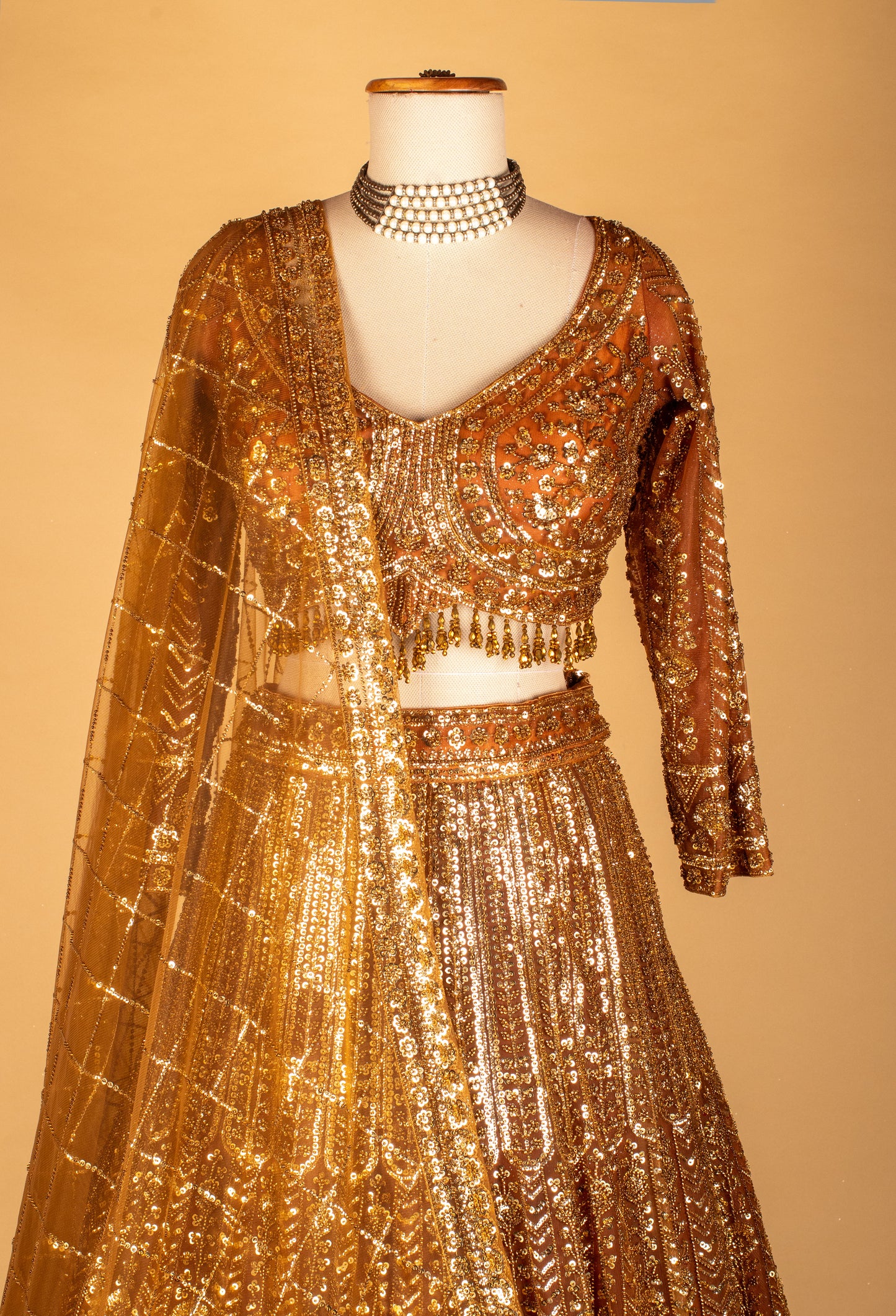 Gold Metallic Sequin Lehenga Set with Embellished Crop Top & Structured Dupatta