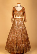 Gold Metallic Sequin Lehenga Set with Embellished Crop Top & Structured Dupatta