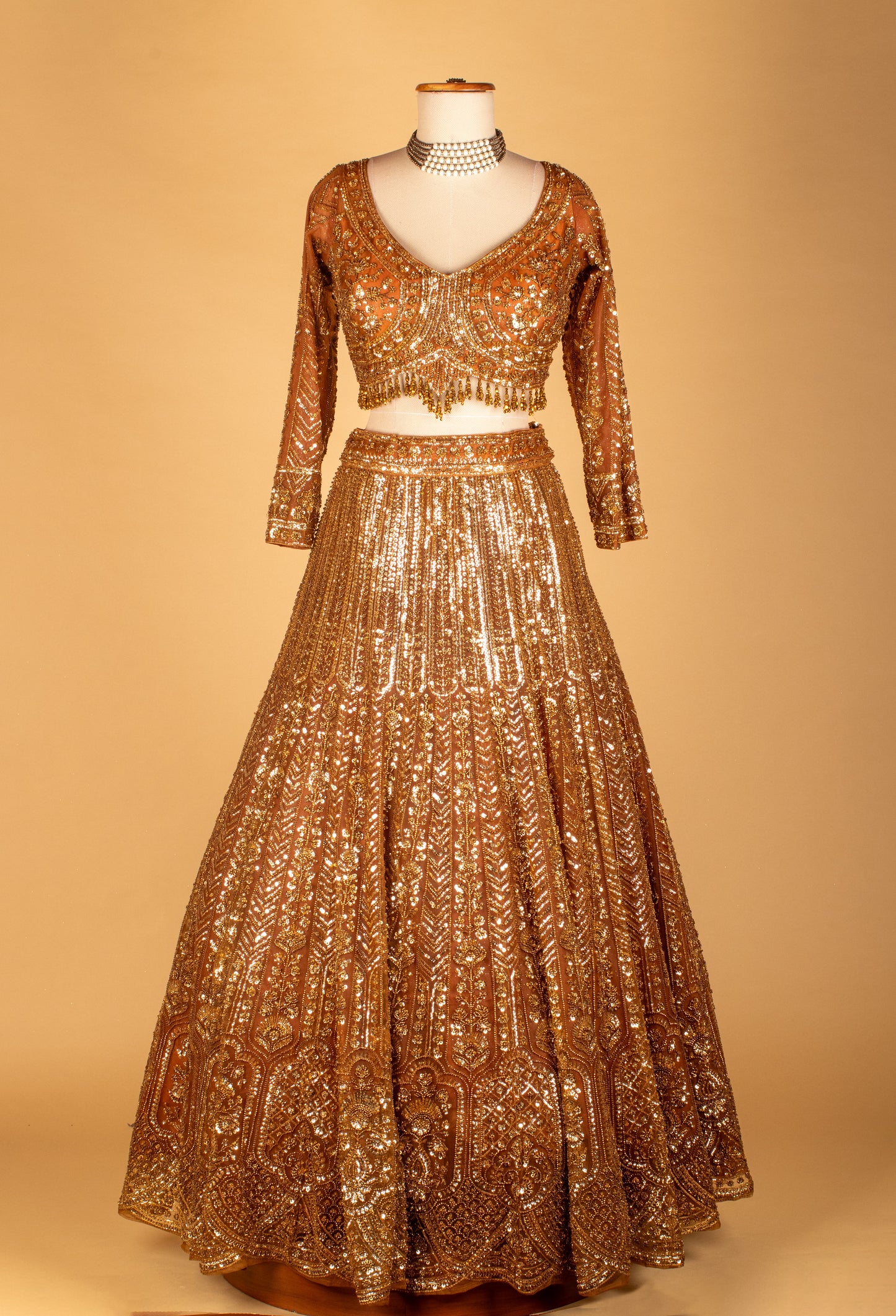 Gold Metallic Sequin Lehenga Set with Embellished Crop Top & Structured Dupatta