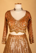 Gold Metallic Sequin Lehenga Set with Embellished Crop Top & Structured Dupatta