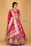 Rani Pink Zardosi Embroidered Lehenga with Short Sleeve Crop Top & Heavy Organza Dupatta