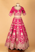 Rani Pink Zardosi Embroidered Lehenga with Short Sleeve Crop Top & Heavy Organza Dupatta