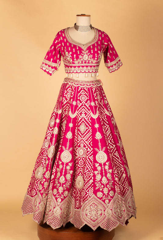 Rani pink zardosi embroidered lehenga with short-sleeve crop top and organza dupatta – product image 2
